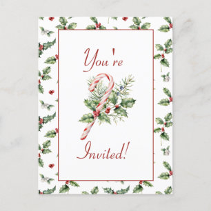 Holly Leaves, Red Berries, Mistletoe, Candy Cane Postcard