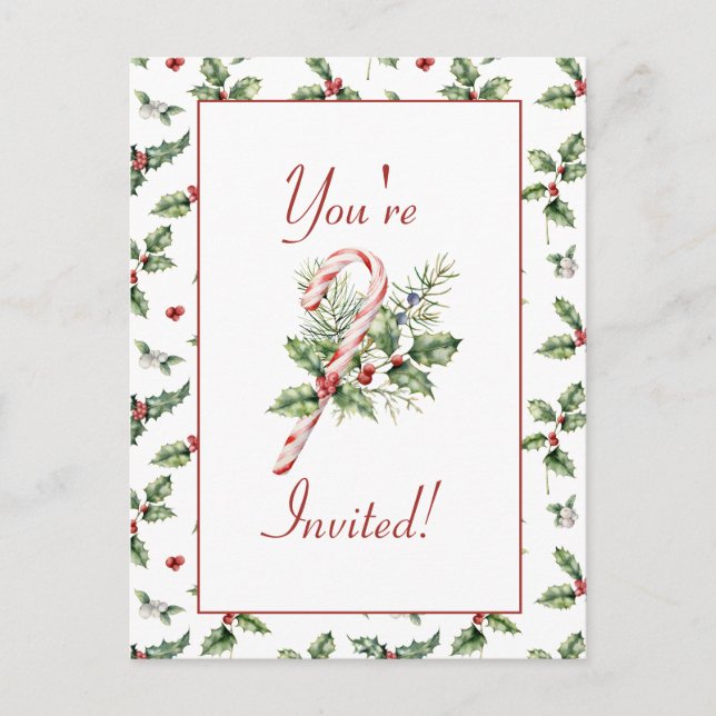 Holly Leaves, Red Berries, Mistletoe, Candy Cane Postcard (Front)
