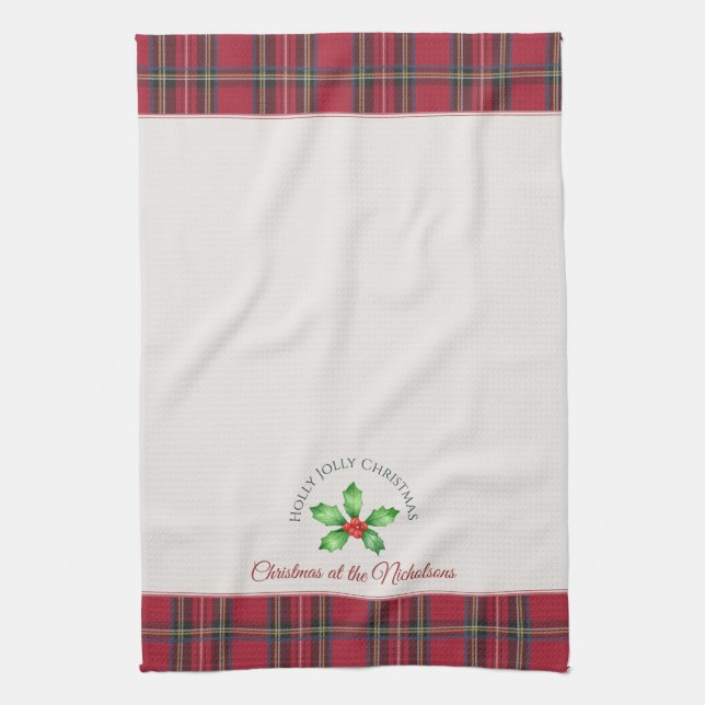Holly Leaves Red Berries Personal Name Christmas Tea Towel (Vertical)