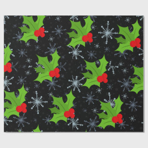 Holly Leaves, Red Berries Snowflake Wrapping Paper