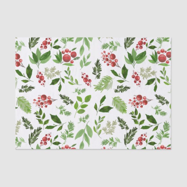 Holly Leaves Red Berry Christmas Holiday Pattern Tissue Paper (Front)
