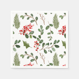 Holly Leaves Red Berry Holiday Watercolor Pattern Napkin