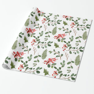 Holly Leaves Red Berry Holiday Watercolor Pattern Wrapping Paper
