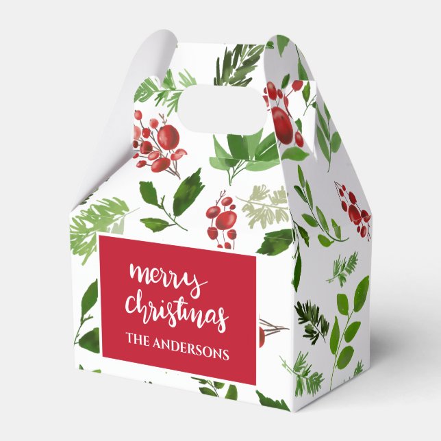 Holly Leaves Red Berry Watercolor Pattern Holiday Favour Box (Front Side)