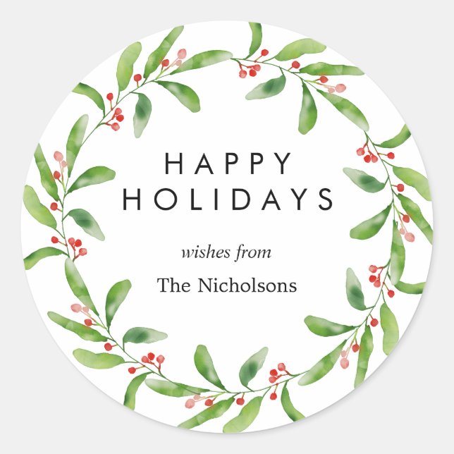 Holly Leaves Red Berry Wreath Modern Holiday Classic Round Sticker (Front)