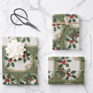 Holly-Leaves Red-Coloured Drupes Christmas-Holiday Wrapping Paper Sheet