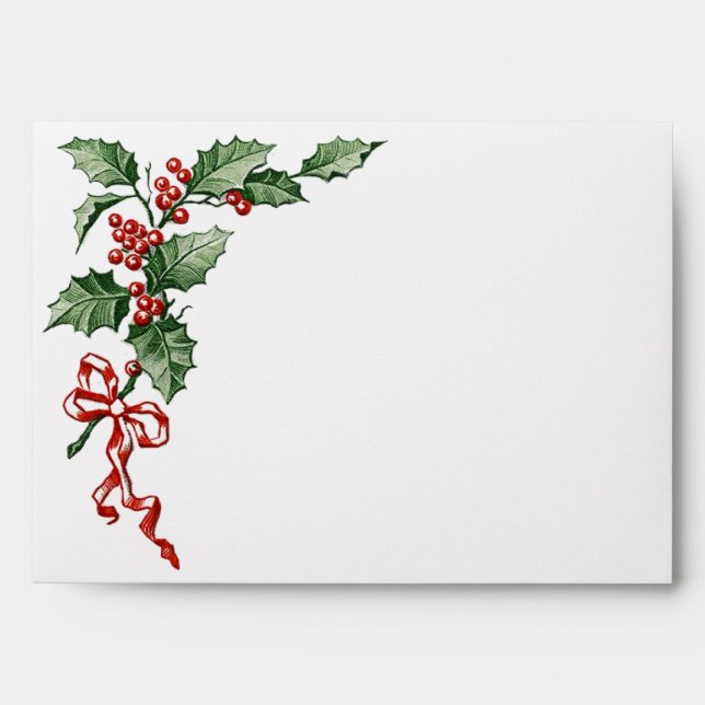 Holly Leaves Red Ribbon Christmas Holiday Address Envelope (Front)