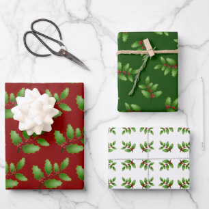 Holly Leaves Traditional Colours Christmas Wrapping Paper Sheet
