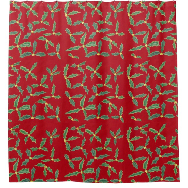 Holly leaves with yellow flowers on red Christmas Shower Curtain (Front)