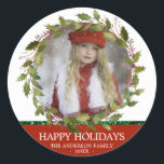 Holly Leaves Wreath Red Christmas Holiday | PHOTO Classic Round Sticker<br><div class="desc">Lovely stickers for holiday envelopes / greeting cards with PHOTO.  Delicate red holly wreath with berries and greenery.  Watercolor floral bouquet with poinsettias flowers.  Personalise by adding your photo and name,  year.  Perfect to send out to your family and friends.</div>