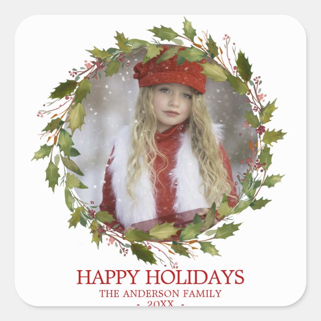 Holly Leaves Wreath Red Christmas Holiday | PHOTO Square Sticker (Front)
