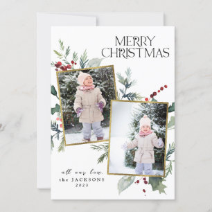 Holly Merry Christmas 2 Photo Collage Pineneedle Holiday Card