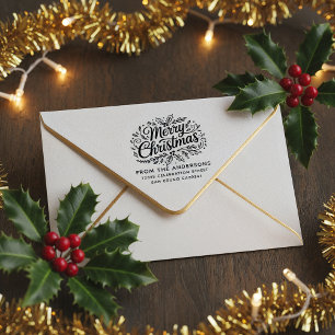 Holly Merry Christmas Family Name Return Address Rubber Stamp