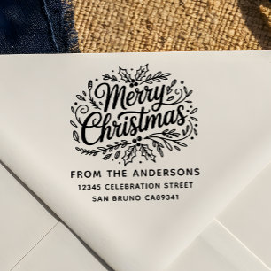 Holly Merry Christmas Family Name Return Address Self-inking Stamp