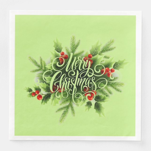 Holly Merry Christmas Paper Napkin (Front)