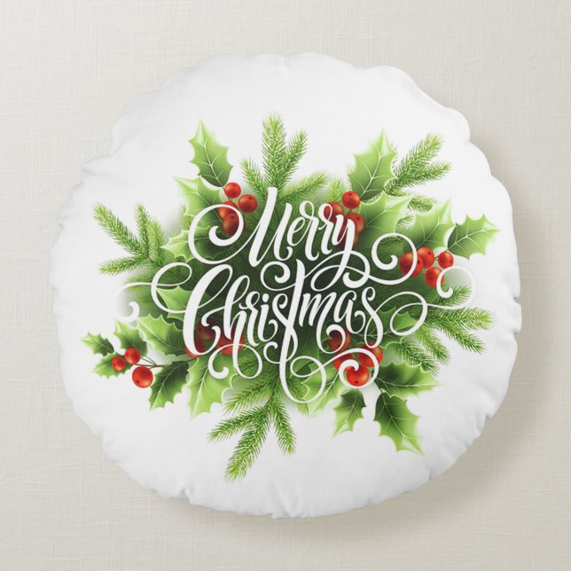 Holly Merry Christmas Round Pillow (Front)