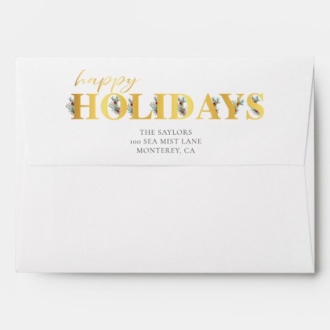 Holly Merry Happy Holidays Faux Gold Envelope (Back (Top Flap))