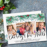 Holly Mistletoe 3 Photo Decking New Halls Script Holiday Card<br><div class="desc">Watercolor Holly and Mistletoe Decking New Halls Holiday Moving Announcement Card, personalised with 3 of your favourite photos. The photo template is set up for you to add a horizontal photo and 2 vertical photos as well as your personalised greeting. Traditional and classic design decorated with hand lettering, holly, berries,...</div>