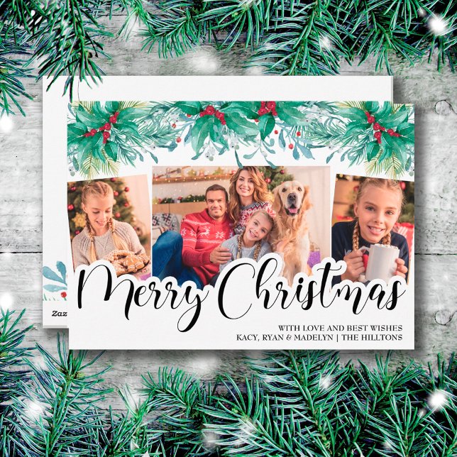 Holly Mistletoe 3 Photo Merry Christmas Script Holiday Card (Creator Uploaded)
