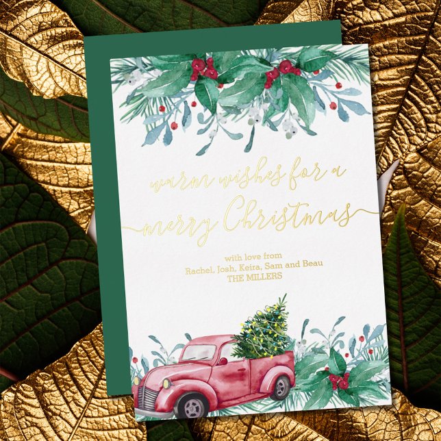 Holly Mistletoe and Christmas Red Truck Gold Foil Holiday Card (Creator Uploaded)