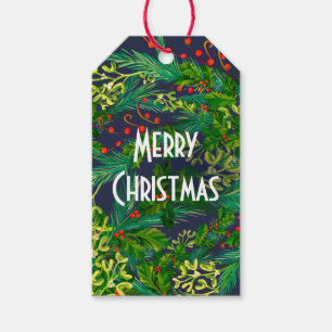 Holly mistletoe Merry Christmas plants green red Gift Tags