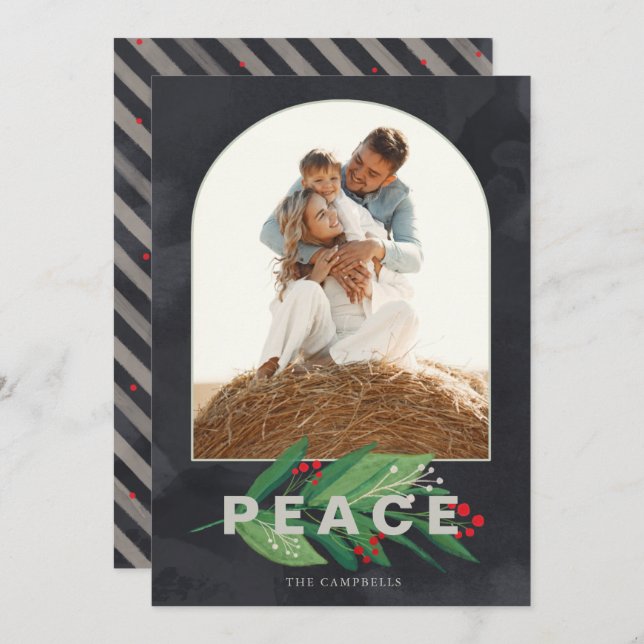 Holly Modern Arch Navy Stripes Custom Photo Holida Holiday Card (Front/Back)