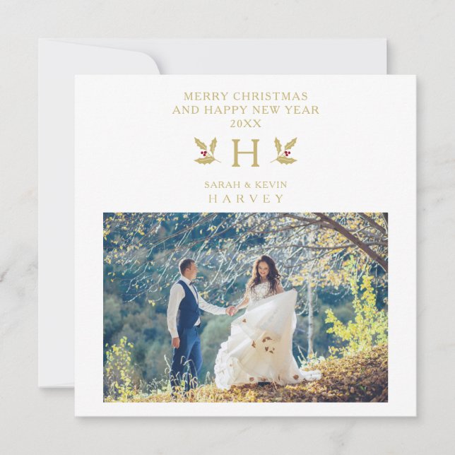 Holly Monogram Initial Christmas Newlyweds Photo (Front)