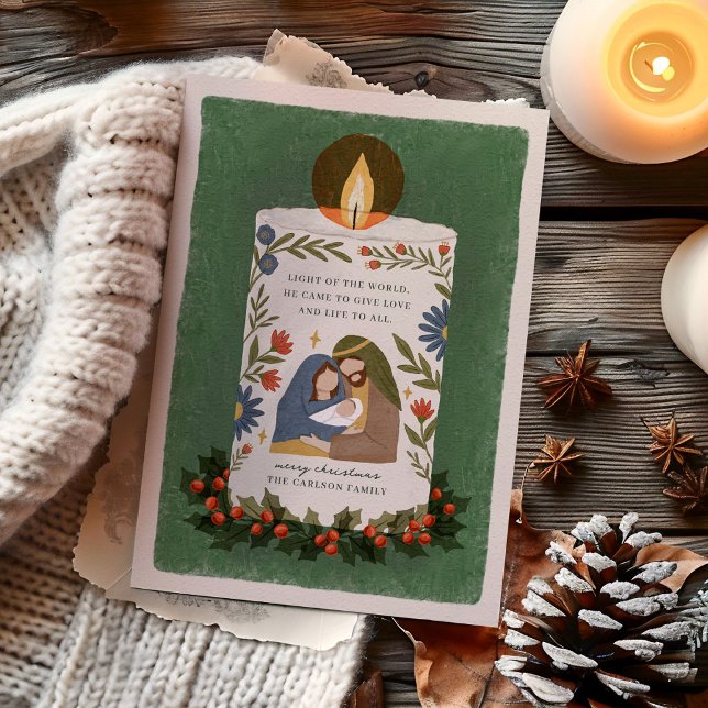 Holly Nativity Candle Religious Christmas Folded Holiday Card (Creator Uploaded)