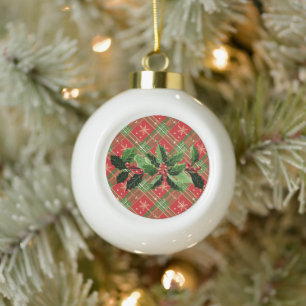 Holly on Christmas Plaid 1 Ceramic Ball Christmas Ornament