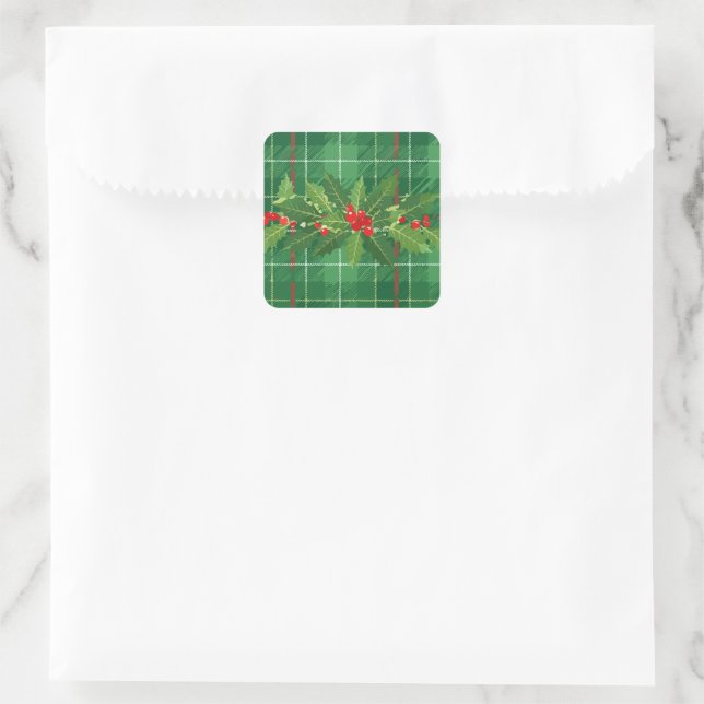 Holly on Christmas Plaid 2 Square Sticker (Bag)