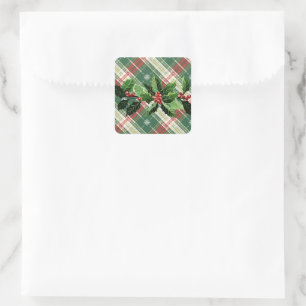 Holly on Christmas Plaid 9 Square Sticker