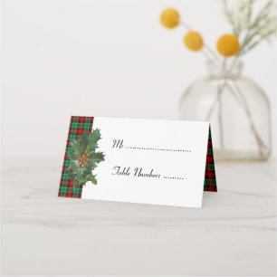 Holly on Red Green Plaid Holiday Table Cards