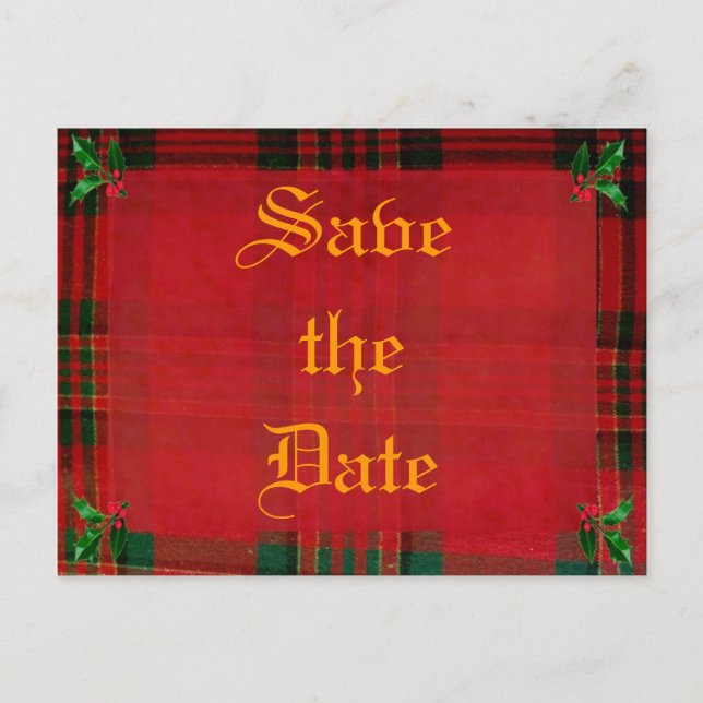 Holly on Red Plaid Announcement Postcard (Front)