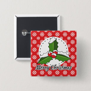 Holly on Red White Snowflakes Pattern - Merry Xmas 15 Cm Square Badge