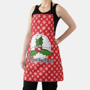 Holly on Red White Snowflakes Pattern - Merry Xmas Apron