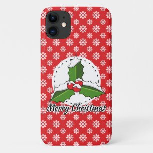 Holly on Red White Snowflakes Pattern - Merry Xmas iPhone 11 Case