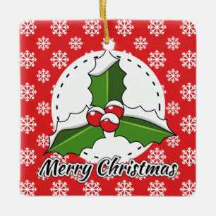 Holly on Red White Snowflakes Pattern - Merry Xmas Ceramic Ornament
