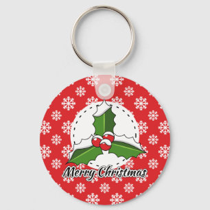 Holly on Red White Snowflakes Pattern - Merry Xmas Key Ring