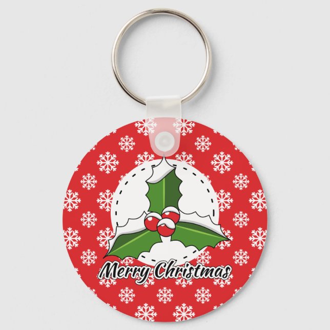 Holly on Red White Snowflakes Pattern - Merry Xmas Key Ring (Front)