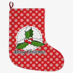 Holly on Red White Snowflakes Pattern - Merry Xmas Large Christmas Stocking