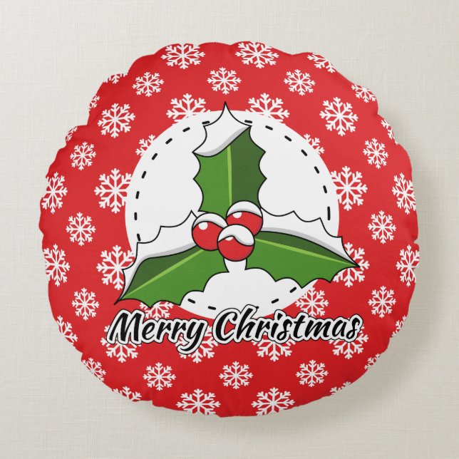 Holly on Red White Snowflakes Pattern - Merry Xmas Round Cushion (Front)