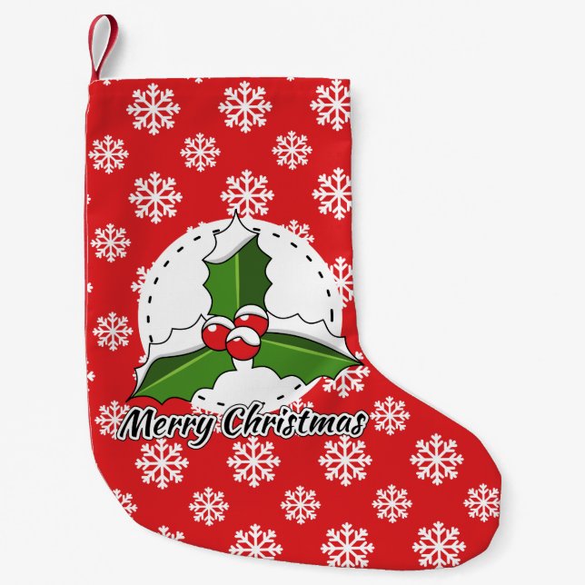 Holly on Red White Snowflakes Pattern - Merry Xmas Small Christmas Stocking (Front)
