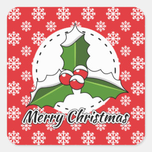 Holly on Red White Snowflakes Pattern - Merry Xmas Square Sticker