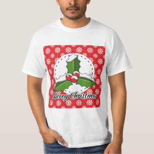 Holly on Red White Snowflakes Pattern - Merry Xmas T-Shirt