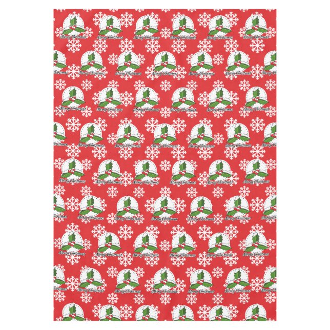 Holly on Red White Snowflakes Pattern - Merry Xmas Tablecloth (Front)