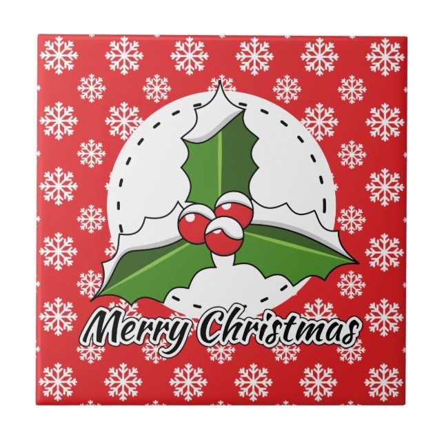 Holly on Red White Snowflakes Pattern - Merry Xmas Tile (Front)