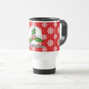 Holly on Red White Snowflakes Pattern - Merry Xmas Travel Mug