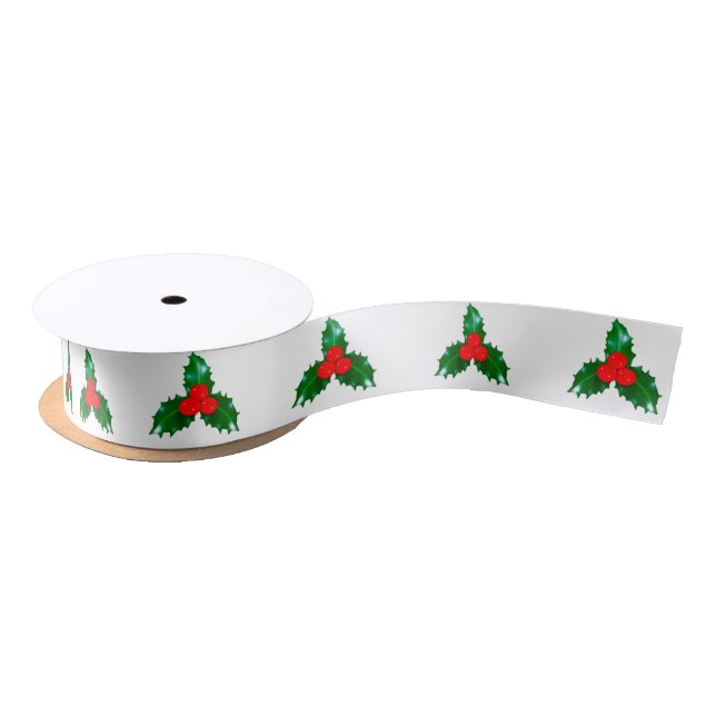 Holly on White Ribbon Satin Ribbon (Spool)