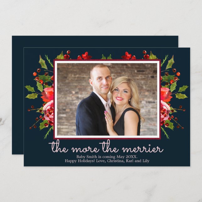 Holly Photo Christmas Pregnancy Announcement Cards (Front/Back)