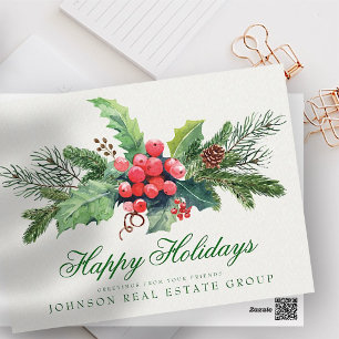 Holly Pine & Berry Business Holiday Greetings Postcard